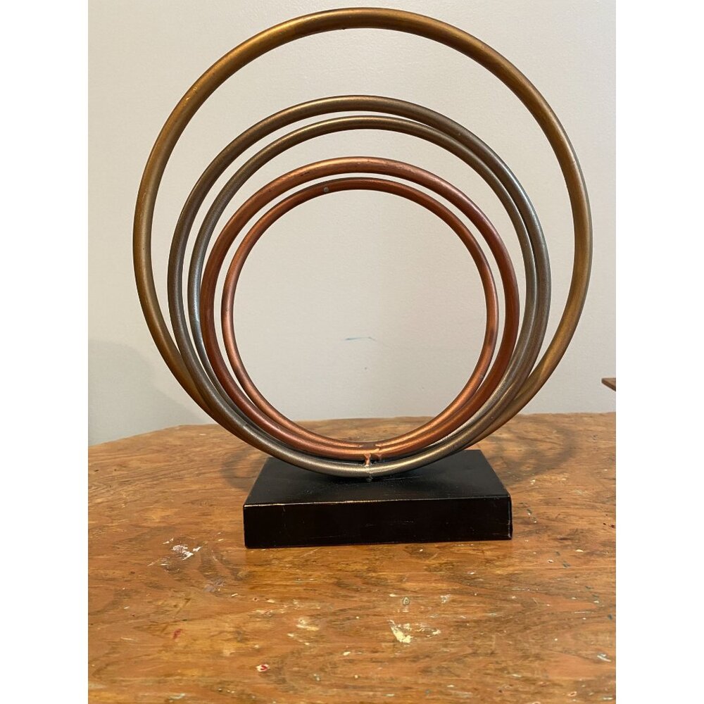 Metallic Circle Sculpture Decor With Black Base Mid-Century Modern Style Art 12"